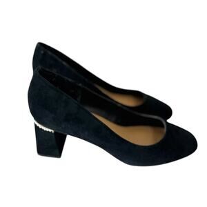 Chico's Black Alessia Suede Faux Pearl Trim Pumps Block Heels Size 9 M